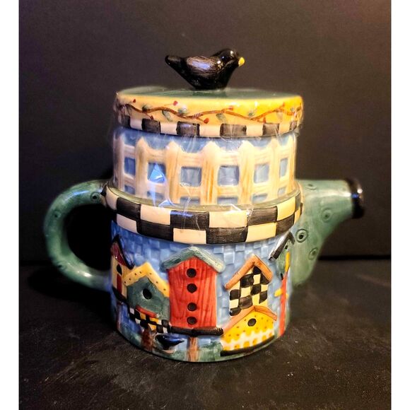 Debbie Mumm Sakura Hand Painted Ceramic Blue Birdhouse Teapot 6” Tall - Picture 1 of 6